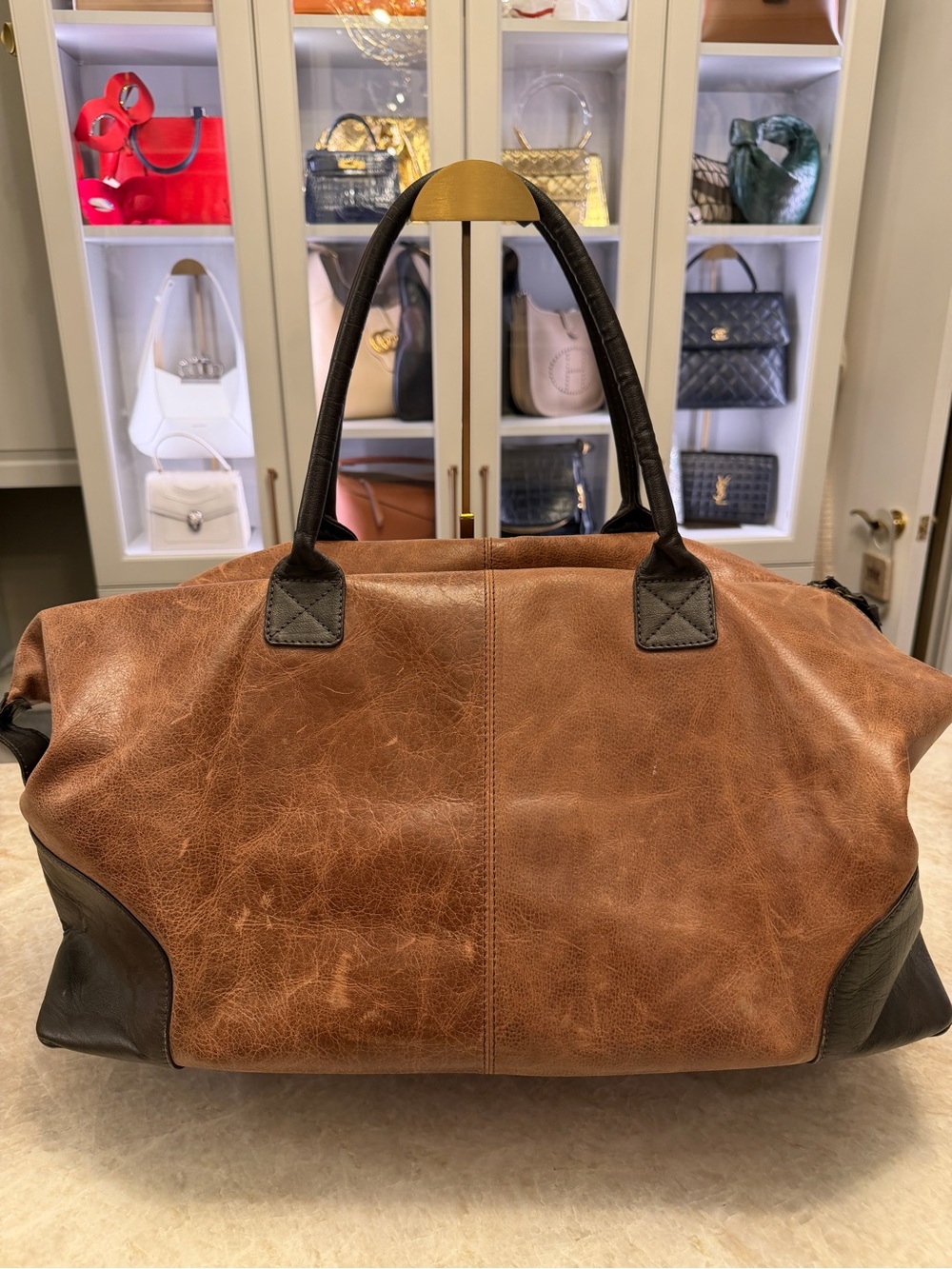 Found Object New York Brown Distressed Leather Bag $100